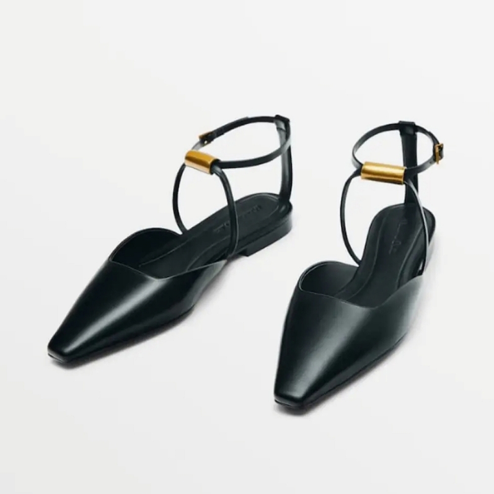 Massimo Dutti Black Pointed Leather Flats with Gold Accent